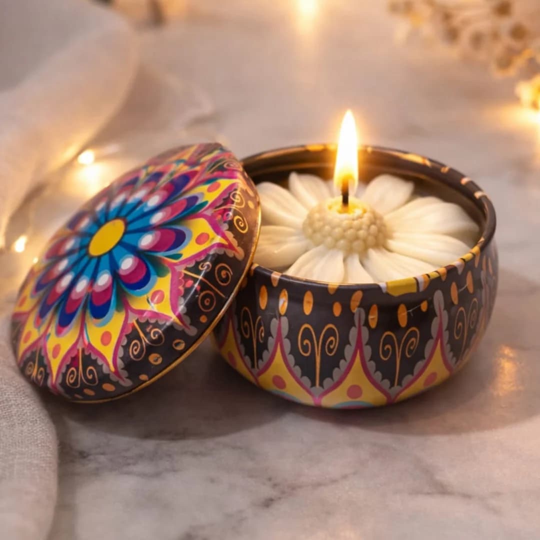 Vela em Lata: vela com flor de cera branca, acesa, em lata pintada com estampa de mandala