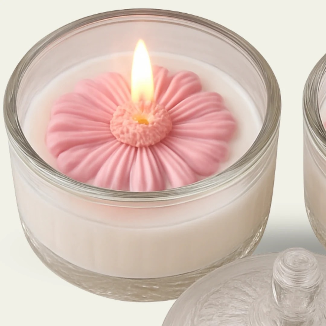 Vela Crisântemo Rosa: crisântemo de cera rosa aceso em pote de vidro circular, com a tampa de vidro ao lado