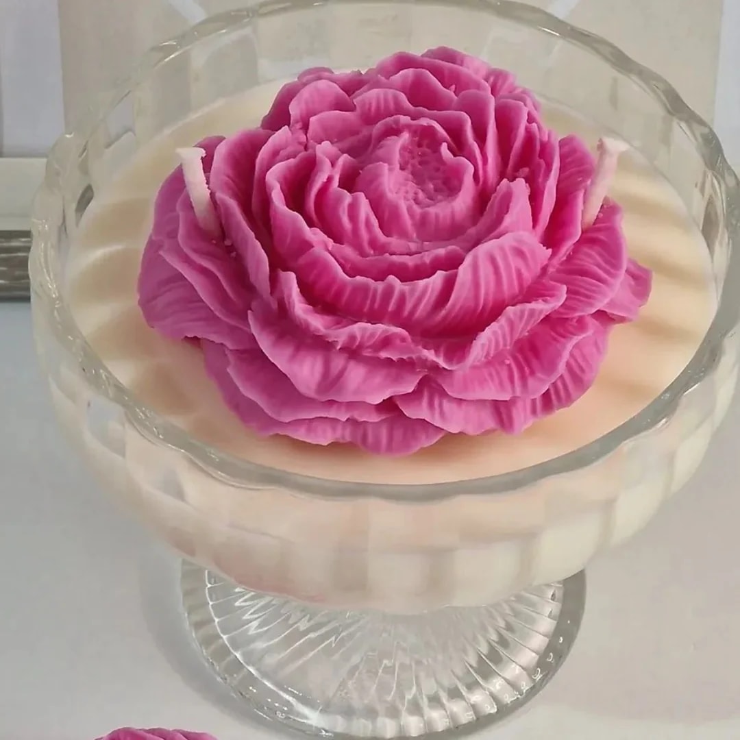 Vela Rosa em Taça: rosa de cera pink em taça de vidro